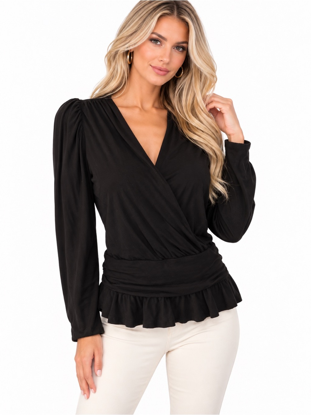 Banana Republic Size M Black Wrap V Neck Ruched Peplum Long Sleeve Top